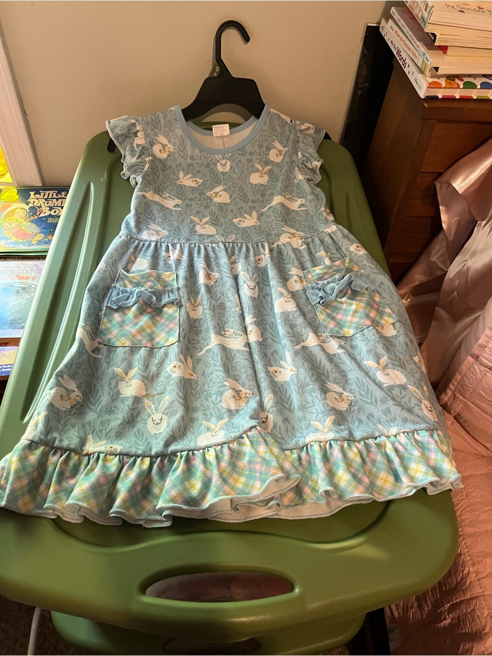 Light Blue Bunny Print Ruffle Hem Kids Dress